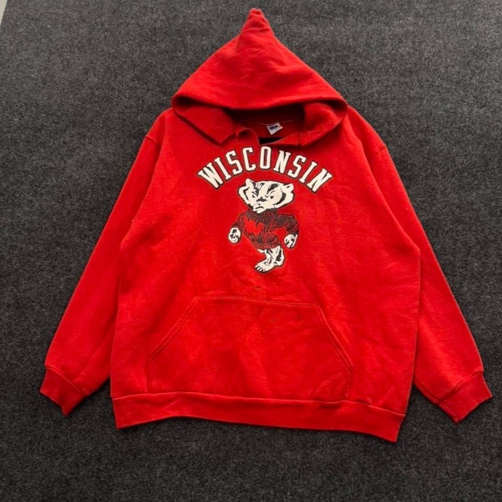 Russell Athletic Wisconsin Badgers Red Hoodie Mens XL Vintage Mascot 80s